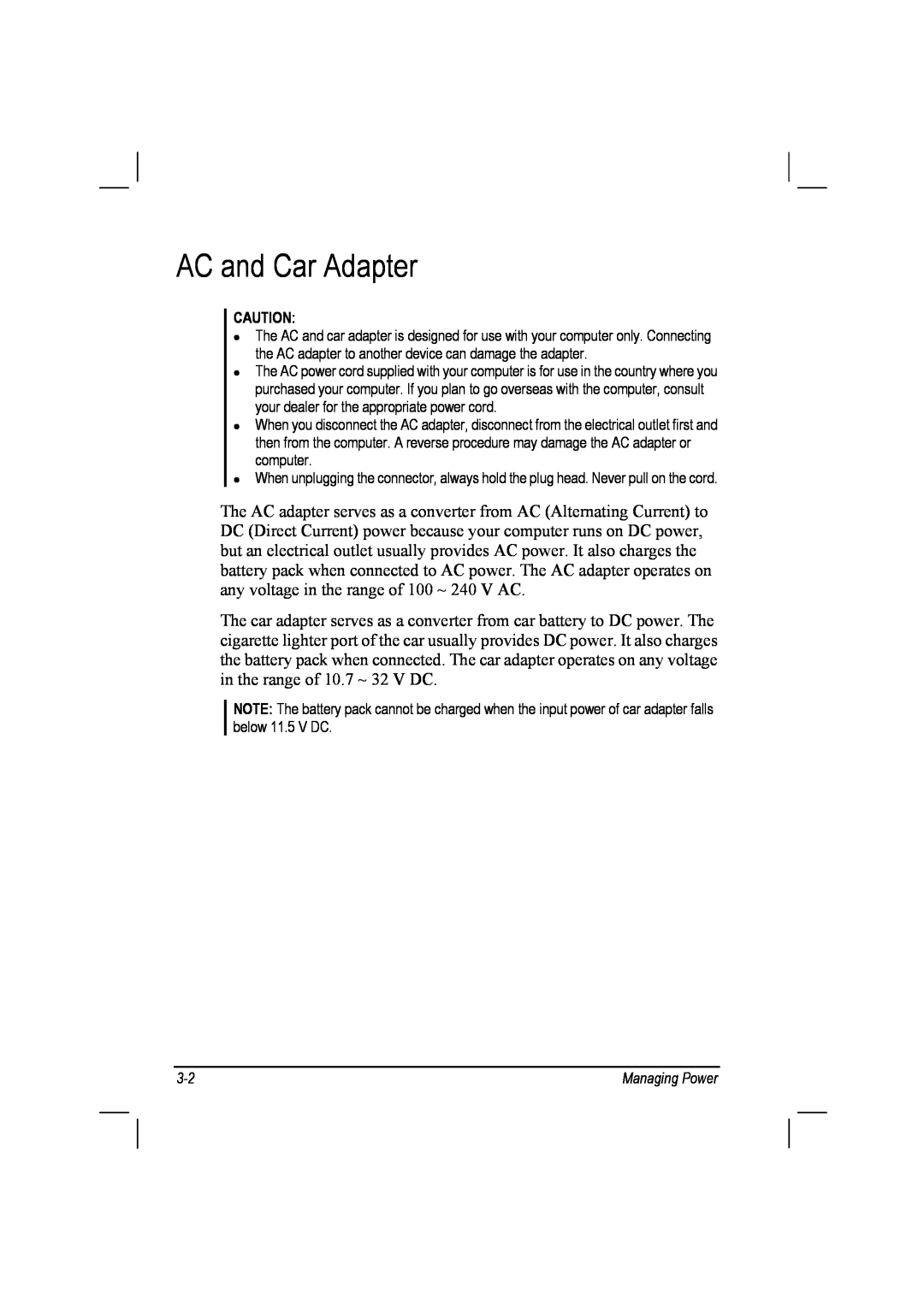 TAG 10 manual AC and Car Adapter, Managing Power 