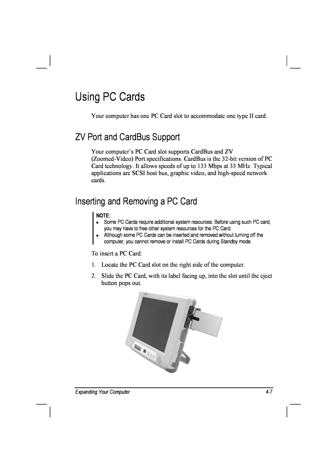 TAG 10 manual Using PC Cards, ZV Port and CardBus Support, Inserting and Removing a PC Card 