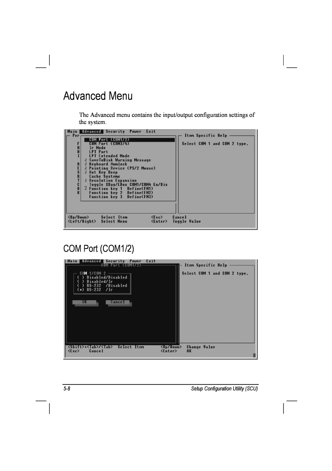 TAG 10 manual Advanced Menu, COM Port COM1/2, Setup Configuration Utility SCU 