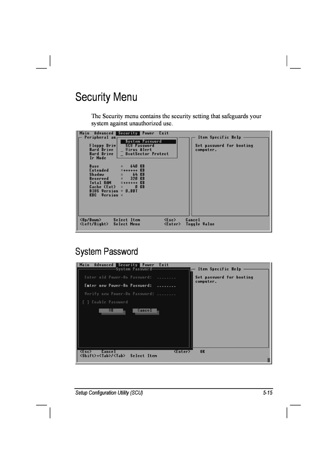 TAG 10 manual Security Menu, System Password, Setup Configuration Utility SCU, 5-15 