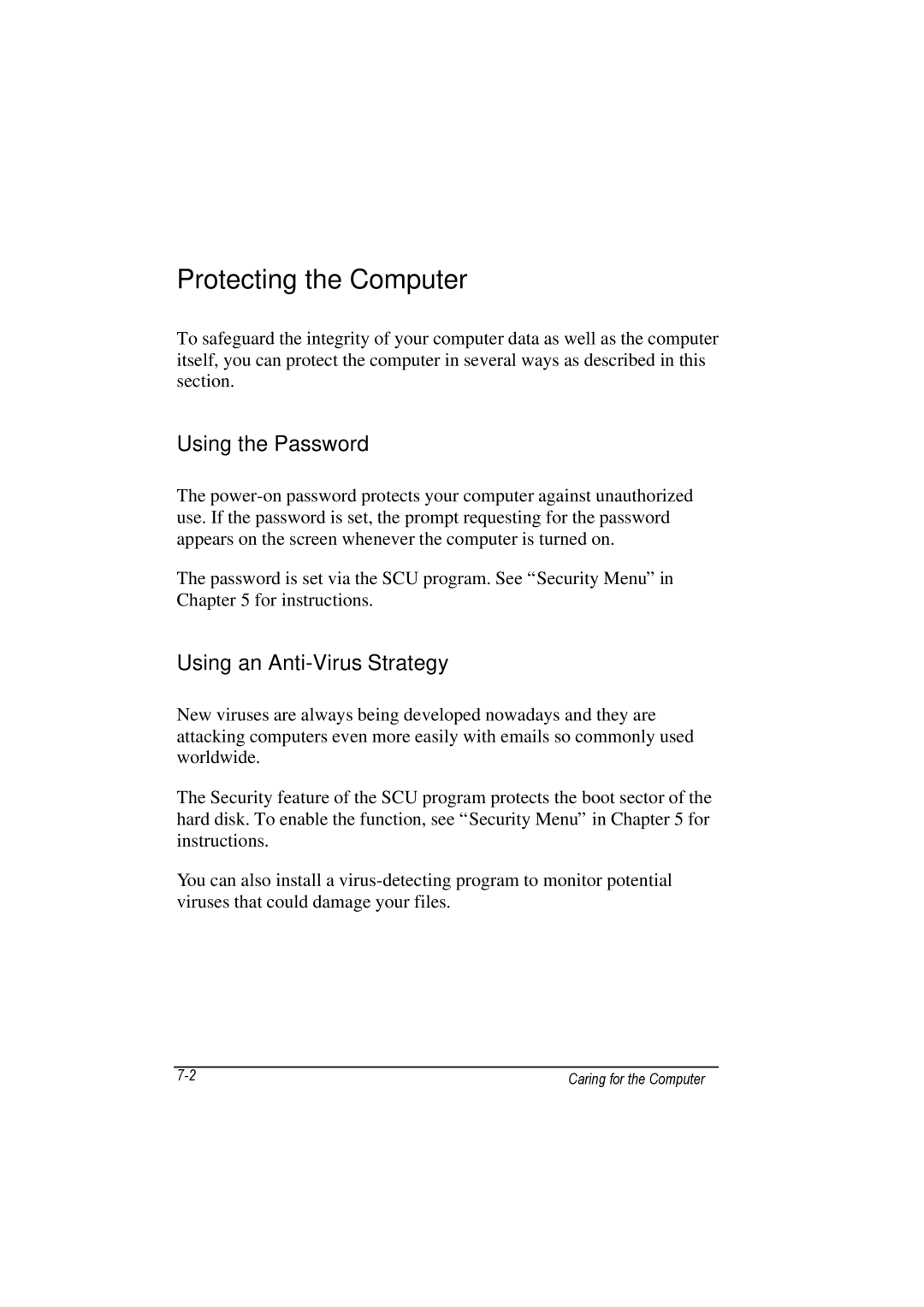 TAG 100 manual Protecting the Computer, Using the Password, Using an Anti-Virus Strategy 