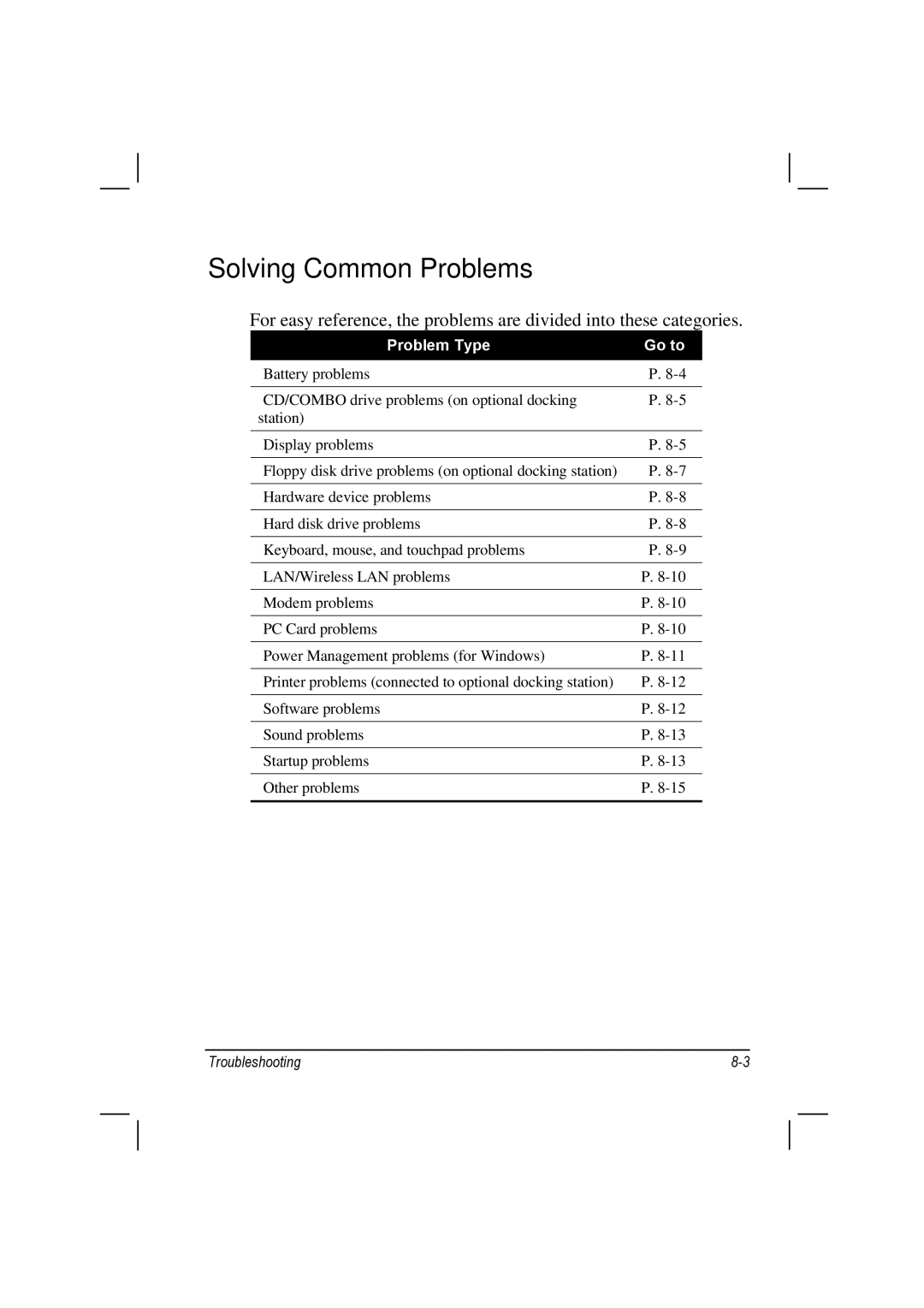 TAG 100 manual Solving Common Problems, Problem Type Go to 