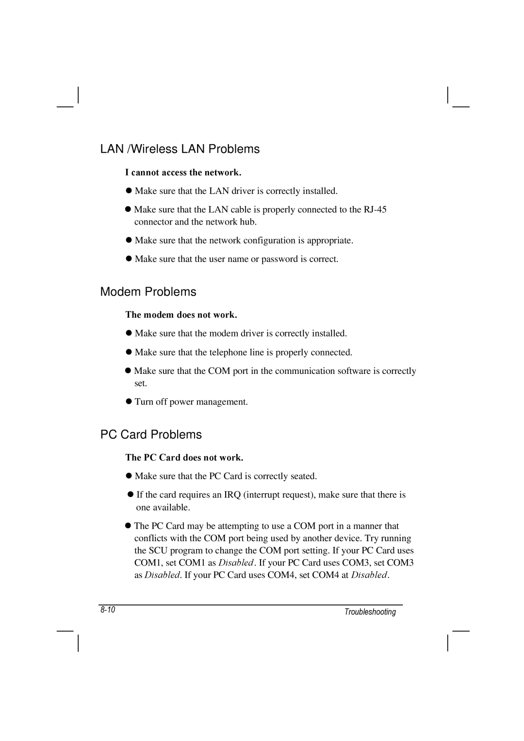 TAG 100 manual LAN /Wireless LAN Problems, Modem Problems, PC Card Problems 