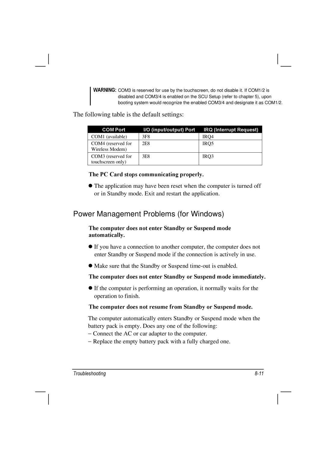 TAG 100 manual Power Management Problems for Windows, PC Card stops communicating properly 