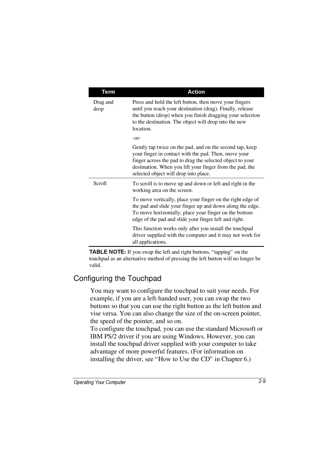 TAG 100 manual Configuring the Touchpad 