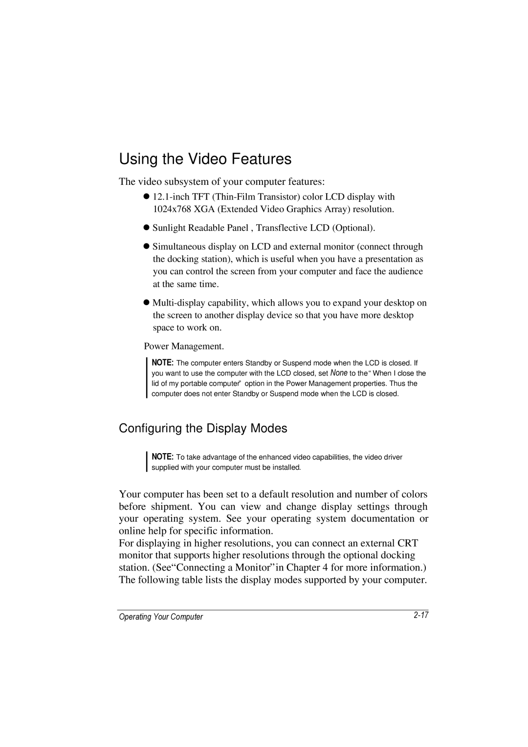 TAG 100 manual Using the Video Features, Configuring the Display Modes 