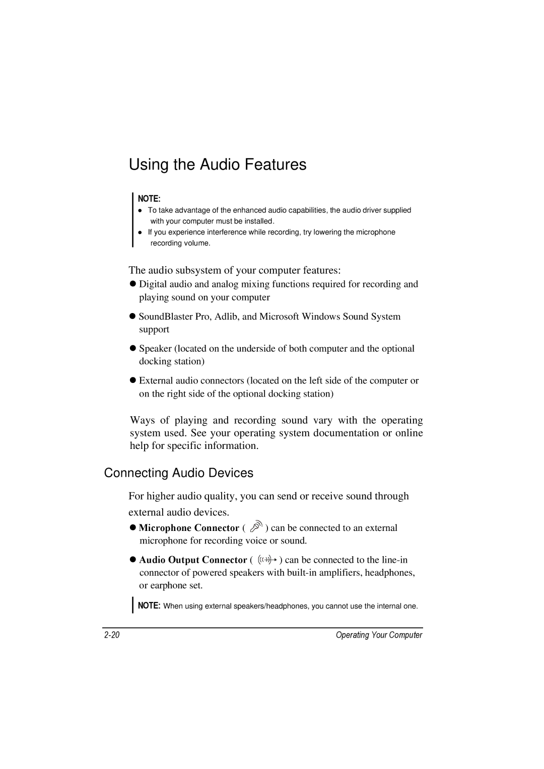 TAG 100 manual Using the Audio Features, Connecting Audio Devices 