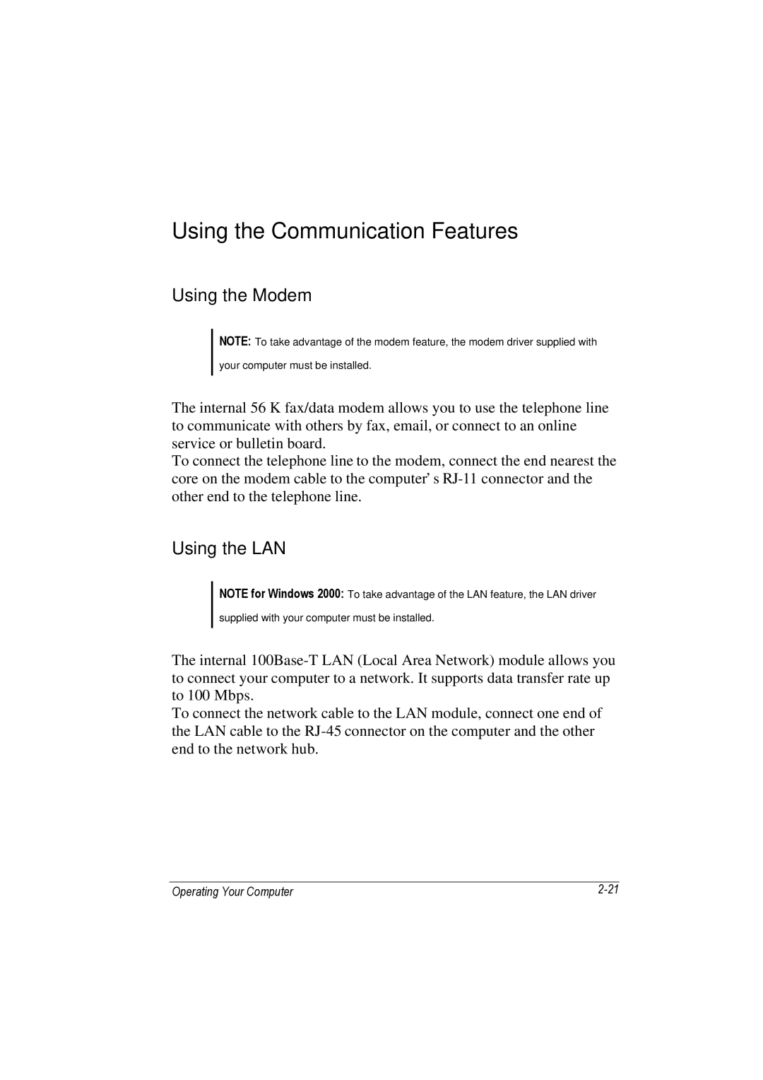 TAG 100 manual Using the Communication Features, Using the Modem, Using the LAN 