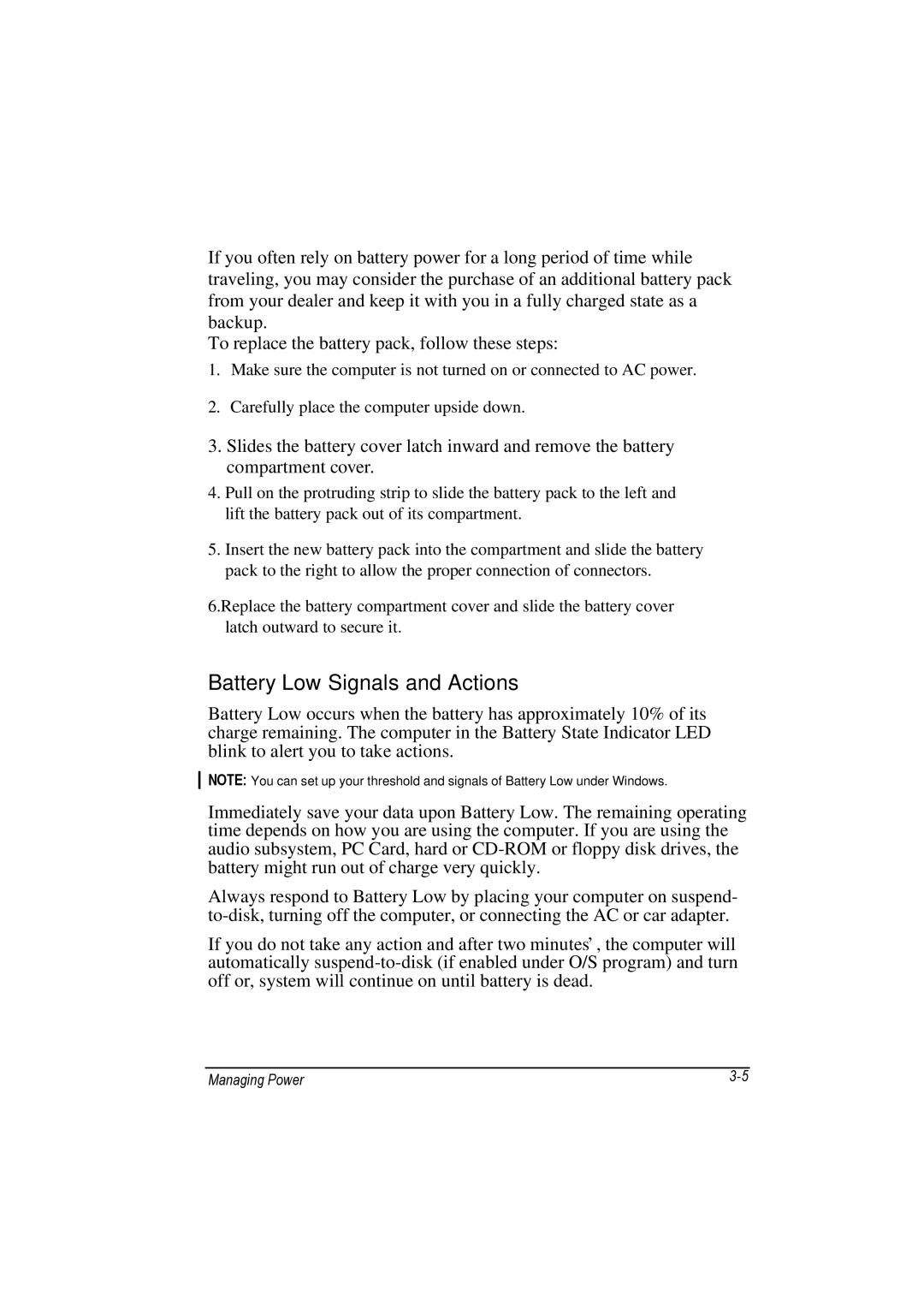 TAG 100 manual Battery Low Signals and Actions 