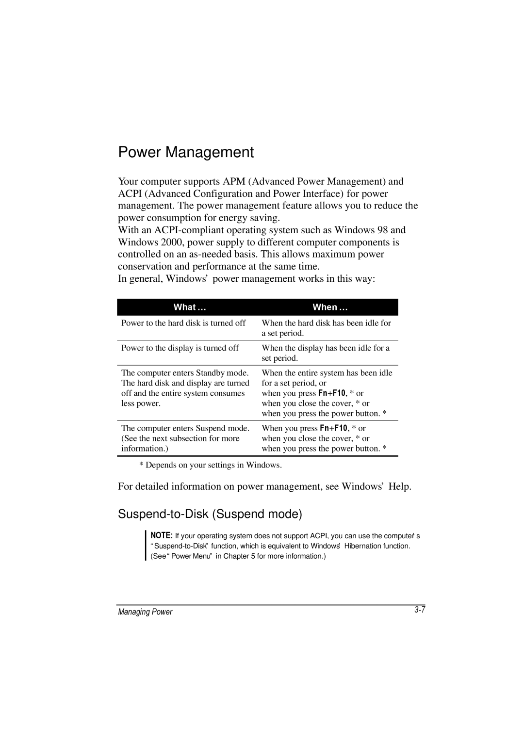 TAG 100 manual Power Management, Suspend-to-Disk Suspend mode 