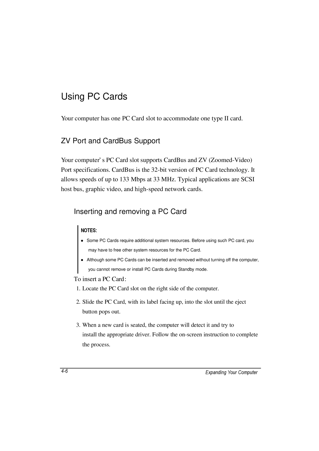 TAG 100 manual Using PC Cards, ZV Port and CardBus Support, Inserting and removing a PC Card 