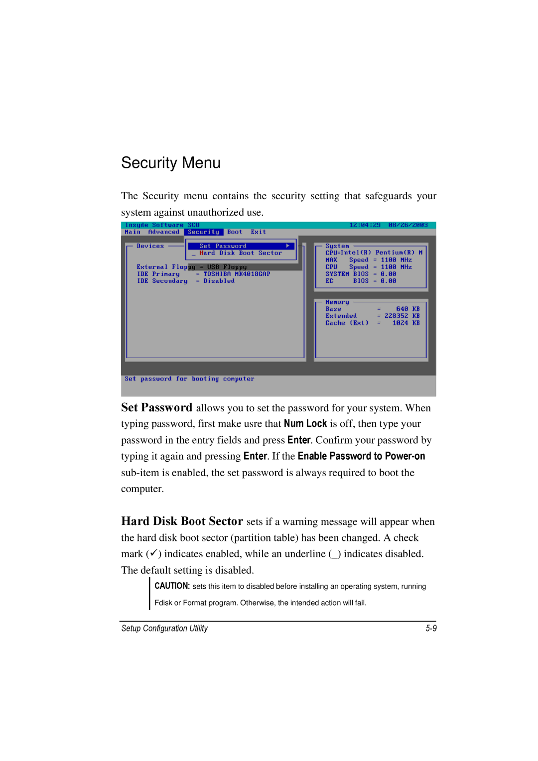 TAG 100 manual Security Menu 