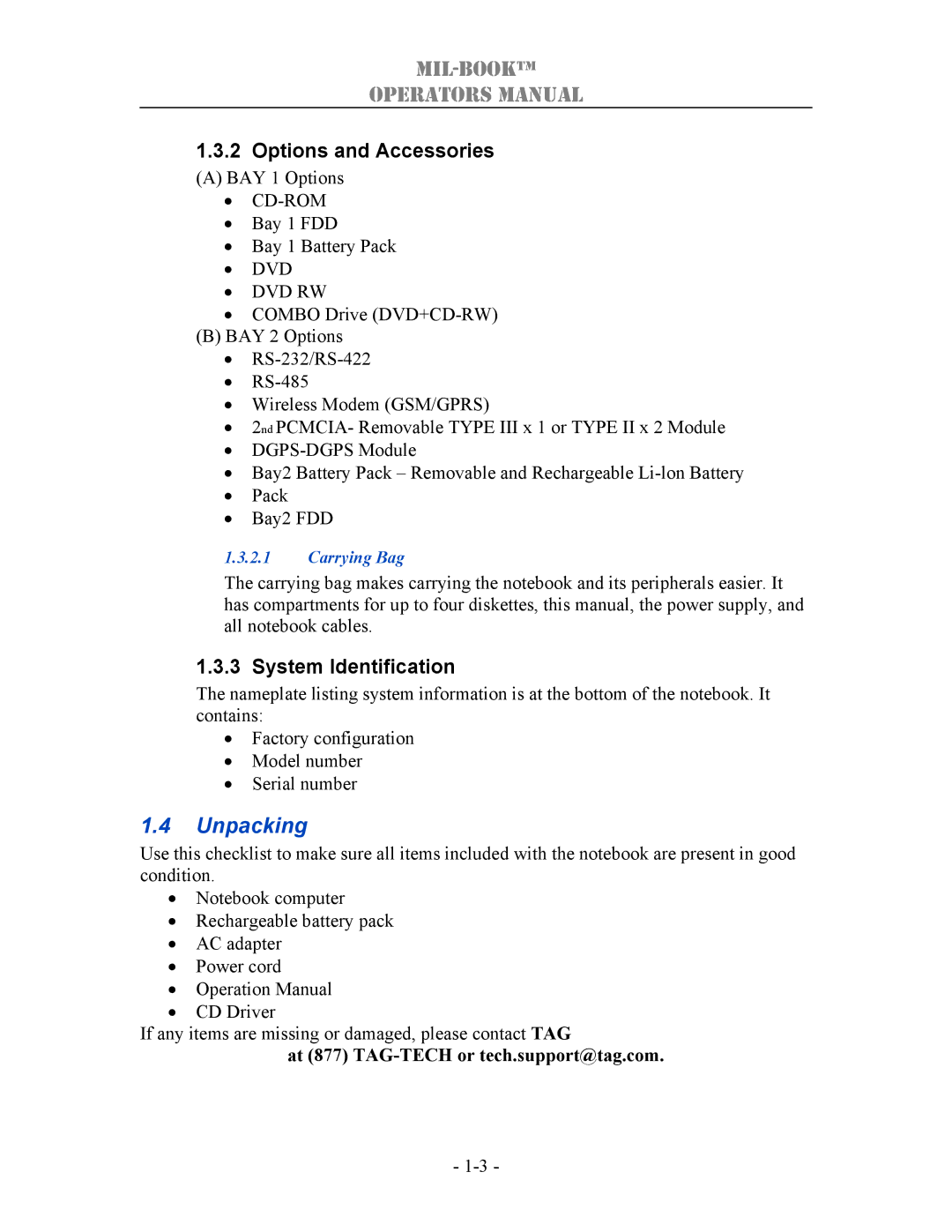 TAG 1000 manual Unpacking, Options and Accessories, System Identification 