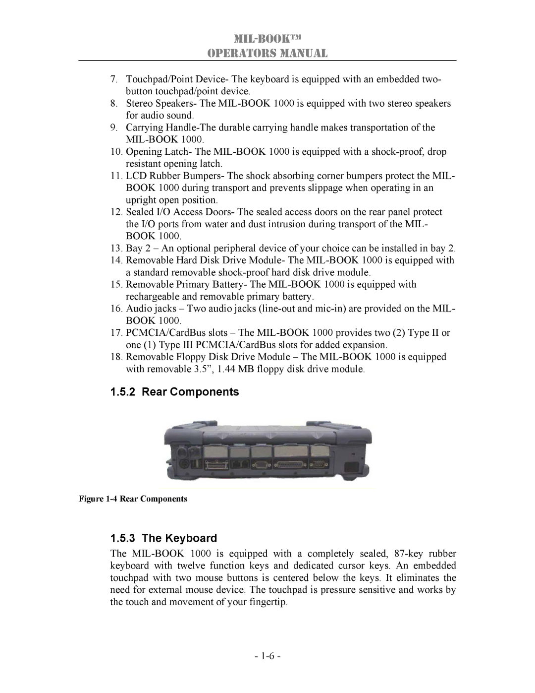 TAG 1000 manual Rear Components, Keyboard 