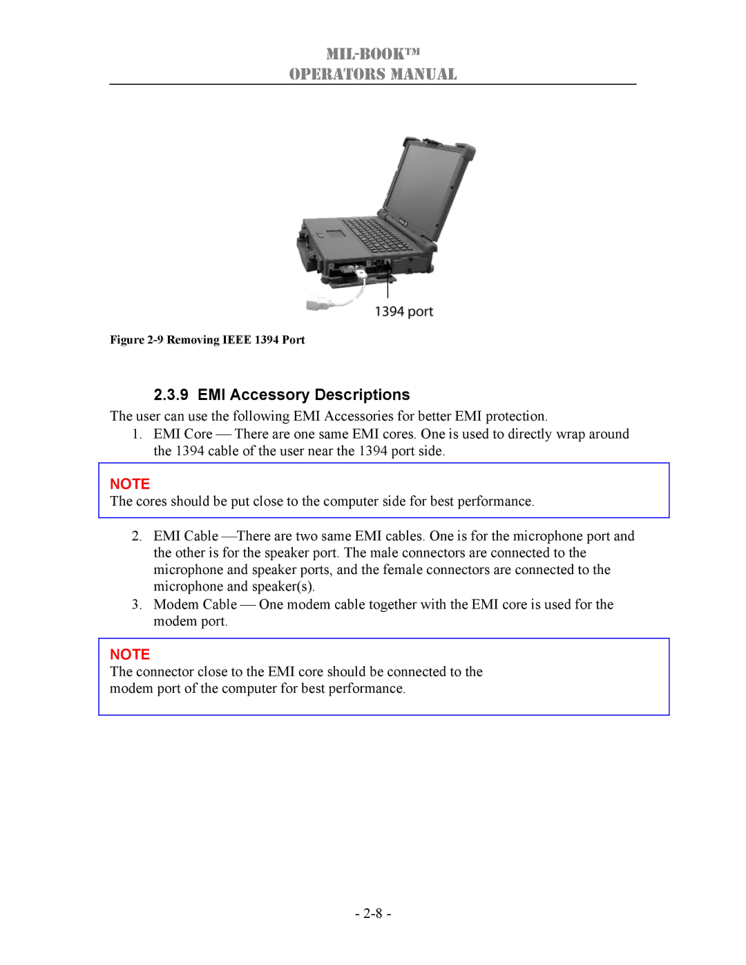 TAG 1000 manual EMI Accessory Descriptions, Removing Ieee 1394 Port 