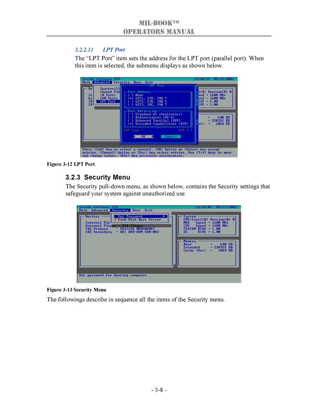 TAG 1000 manual Security Menu, LPT Port 