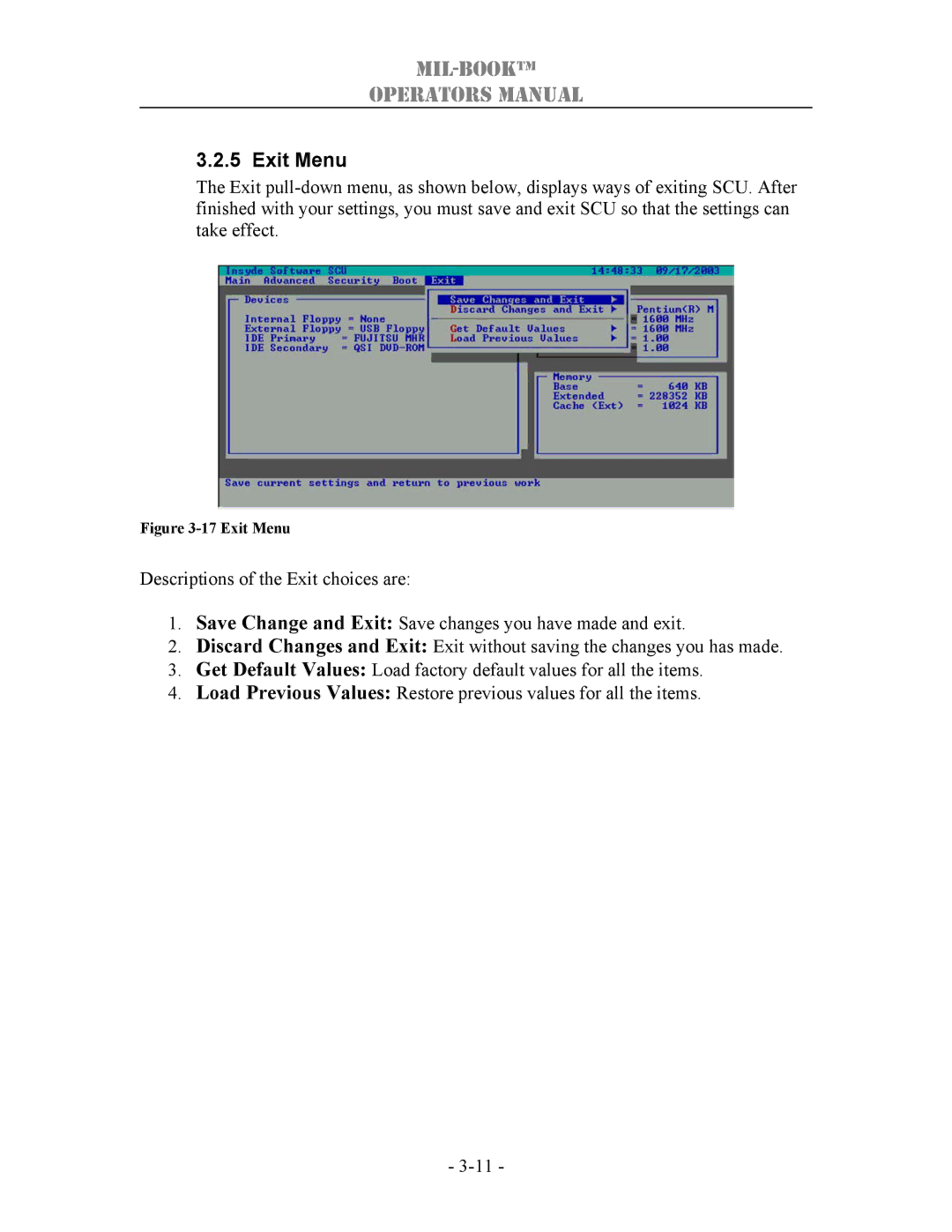 TAG 1000 manual Exit Menu 