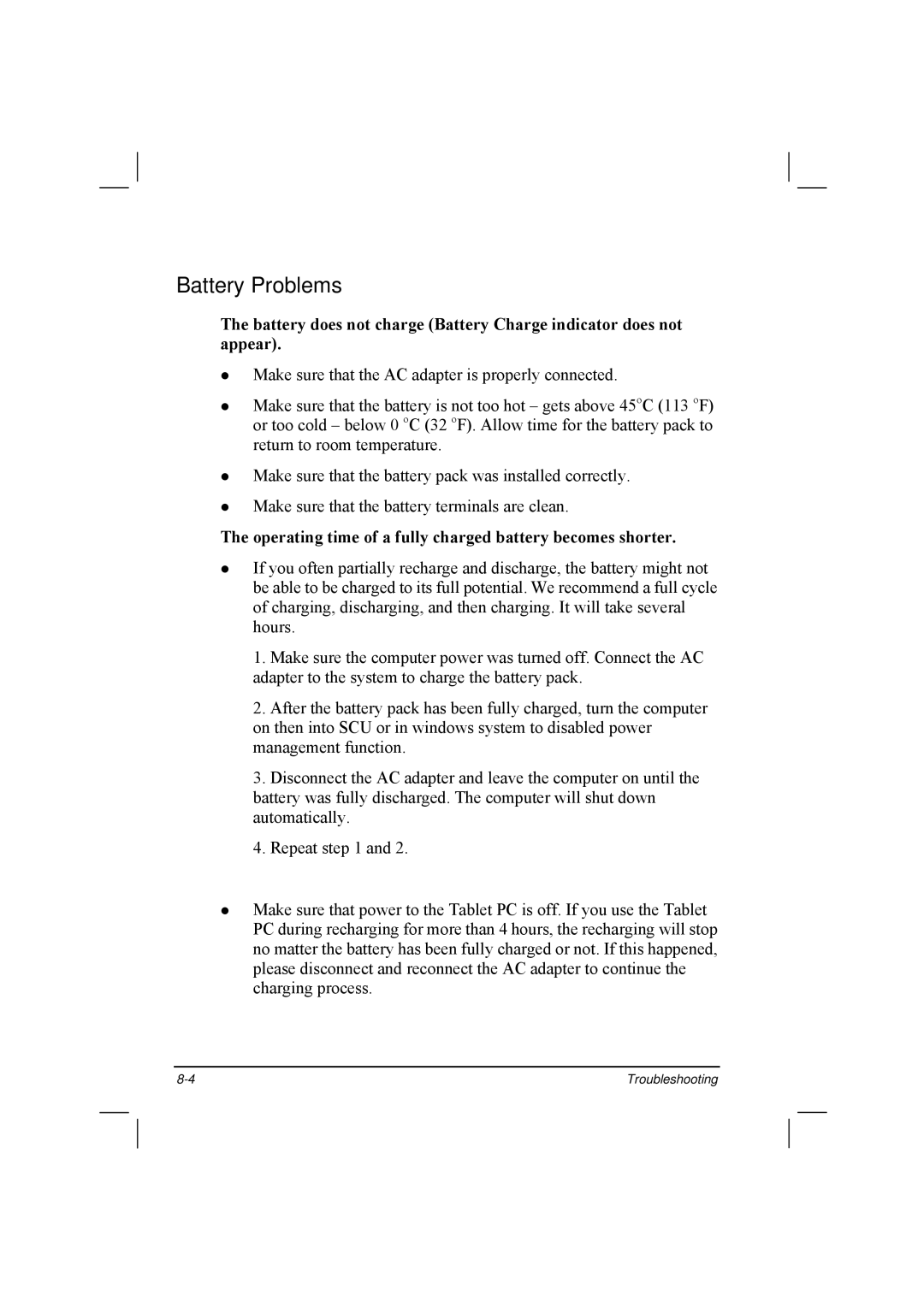 TAG 20 Series manual Battery Problems, Operating time of a fully charged battery becomes shorter 