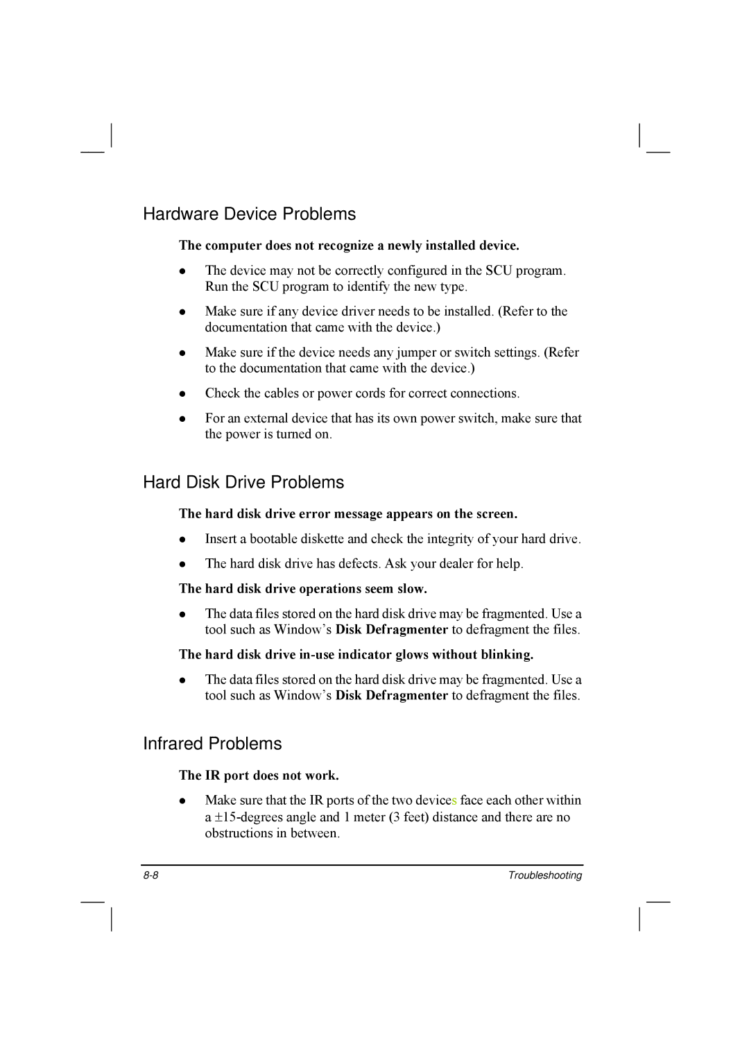 TAG 20 Series manual Hardware Device Problems, Hard Disk Drive Problems, Infrared Problems 