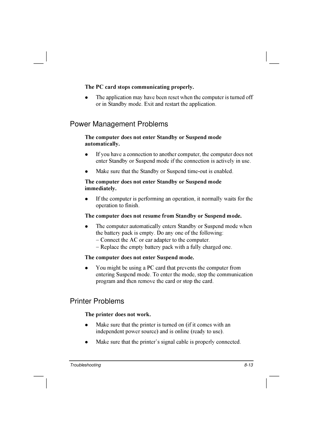 TAG 20 Series manual Power Management Problems, Printer Problems 