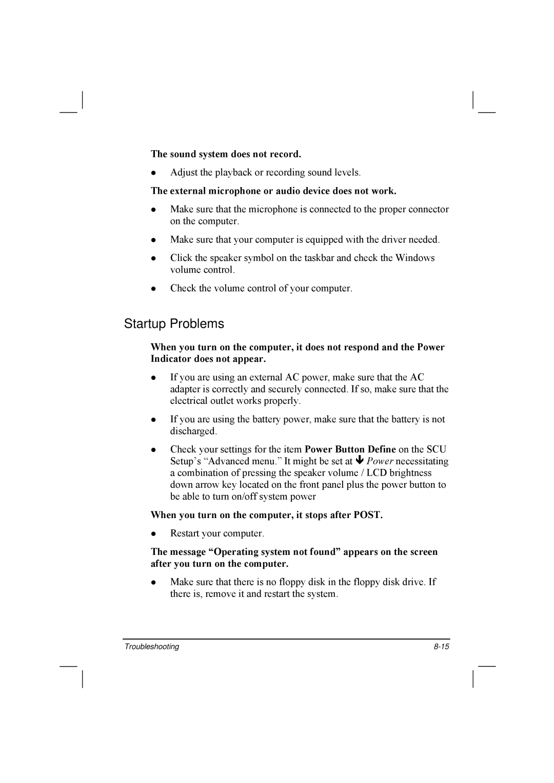 TAG 20 Series manual Startup Problems, Sound system does not record, External microphone or audio device does not work 