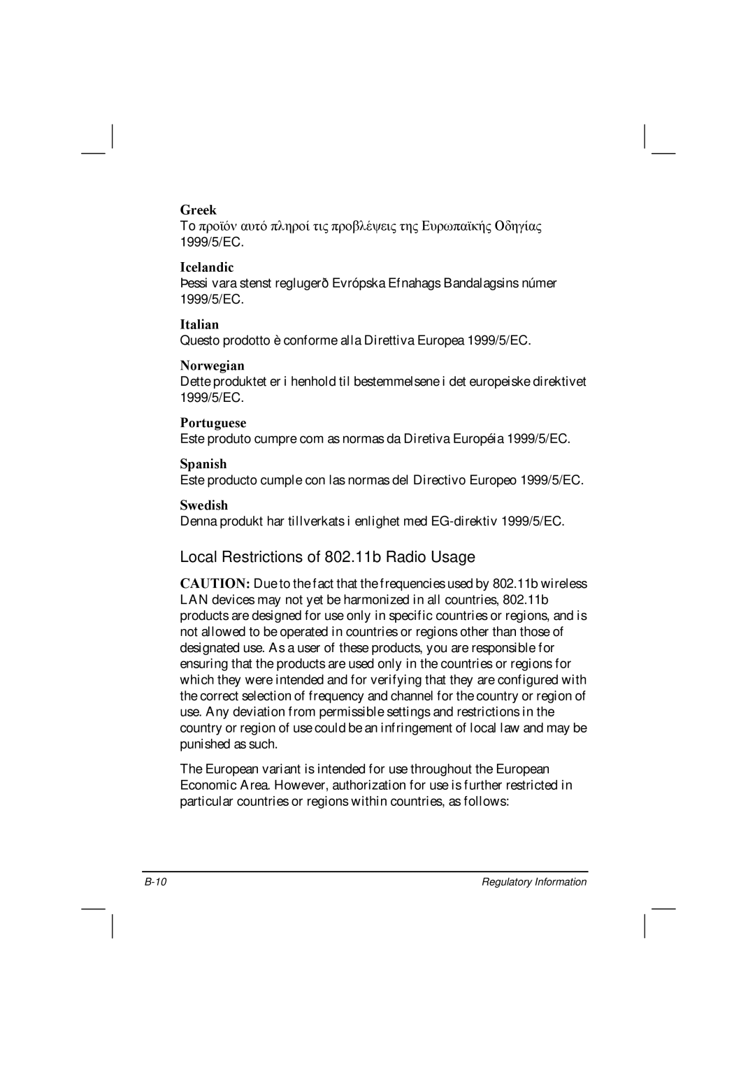 TAG 20 Series manual Local Restrictions of 802.11b Radio Usage 