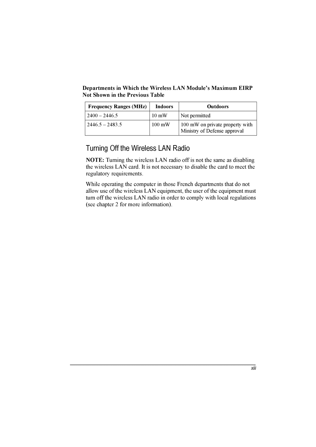 TAG 20 Series manual Turning Off the Wireless LAN Radio, Frequency Ranges MHz Indoors Outdoors 