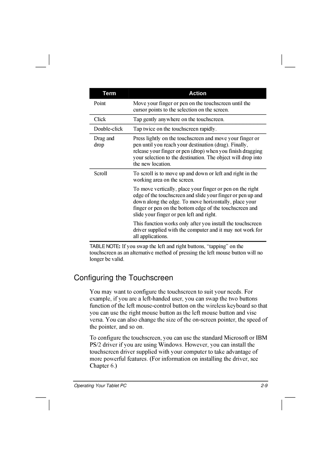 TAG 20 Series manual Configuring the Touchscreen, Term Action 