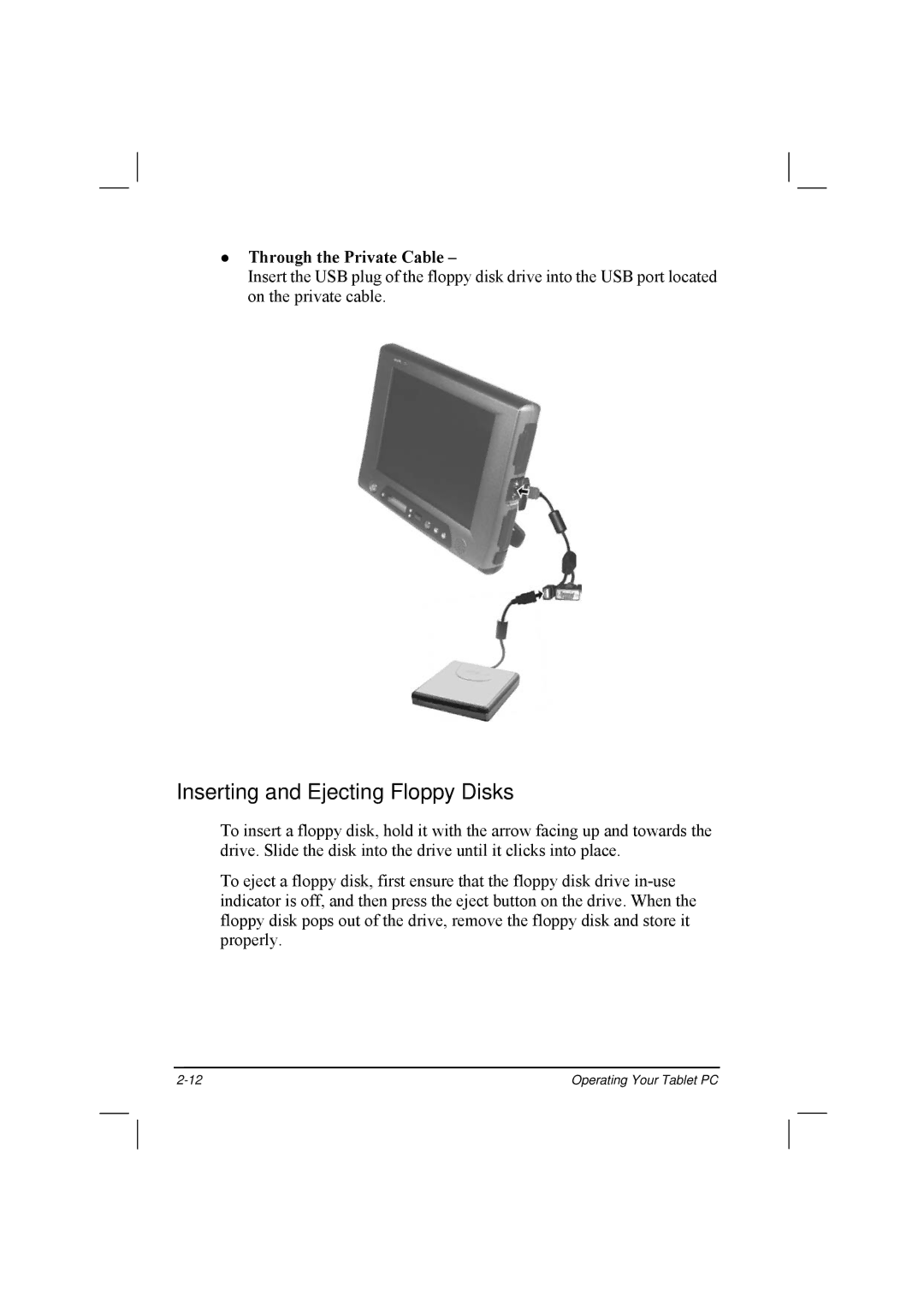 TAG 20 Series manual Inserting and Ejecting Floppy Disks, Through the Private Cable 