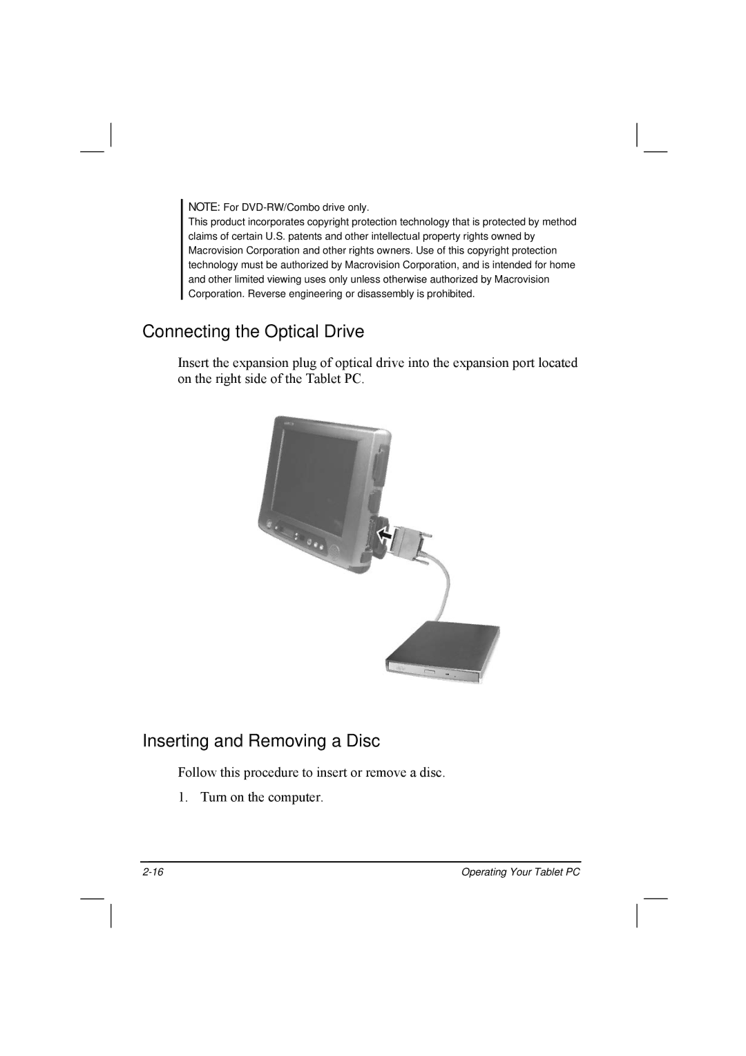 TAG 20 Series manual Connecting the Optical Drive, Inserting and Removing a Disc 