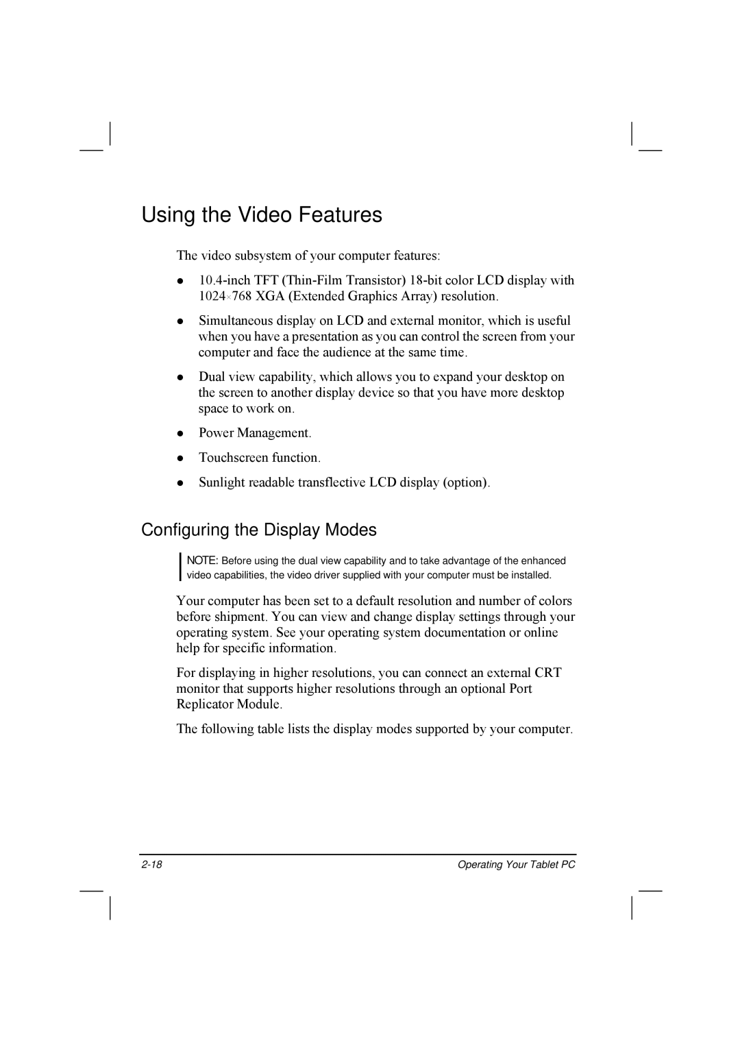 TAG 20 Series manual Using the Video Features, Configuring the Display Modes 