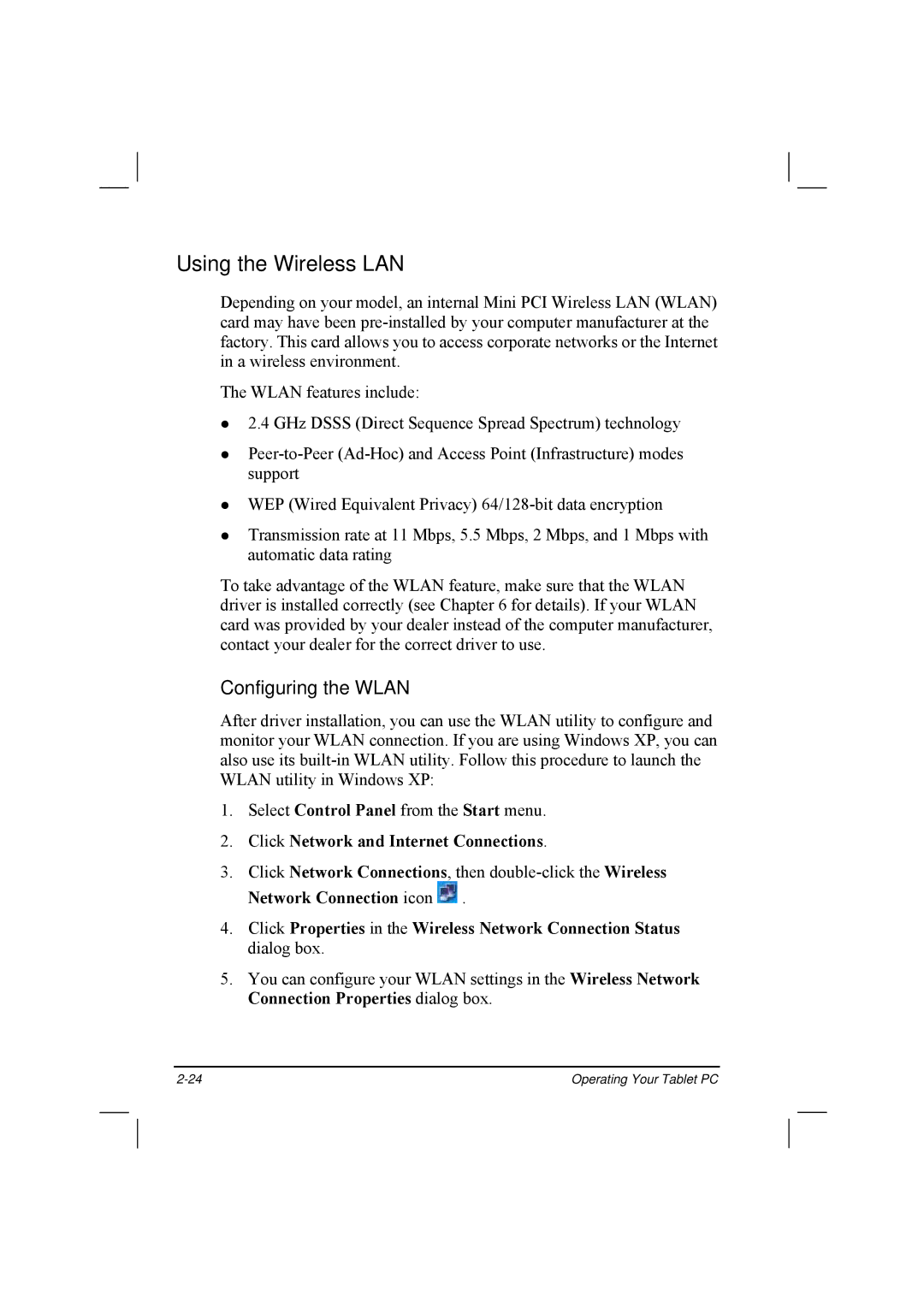 TAG 20 Series manual Using the Wireless LAN, Configuring the Wlan, Click Network and Internet Connections 