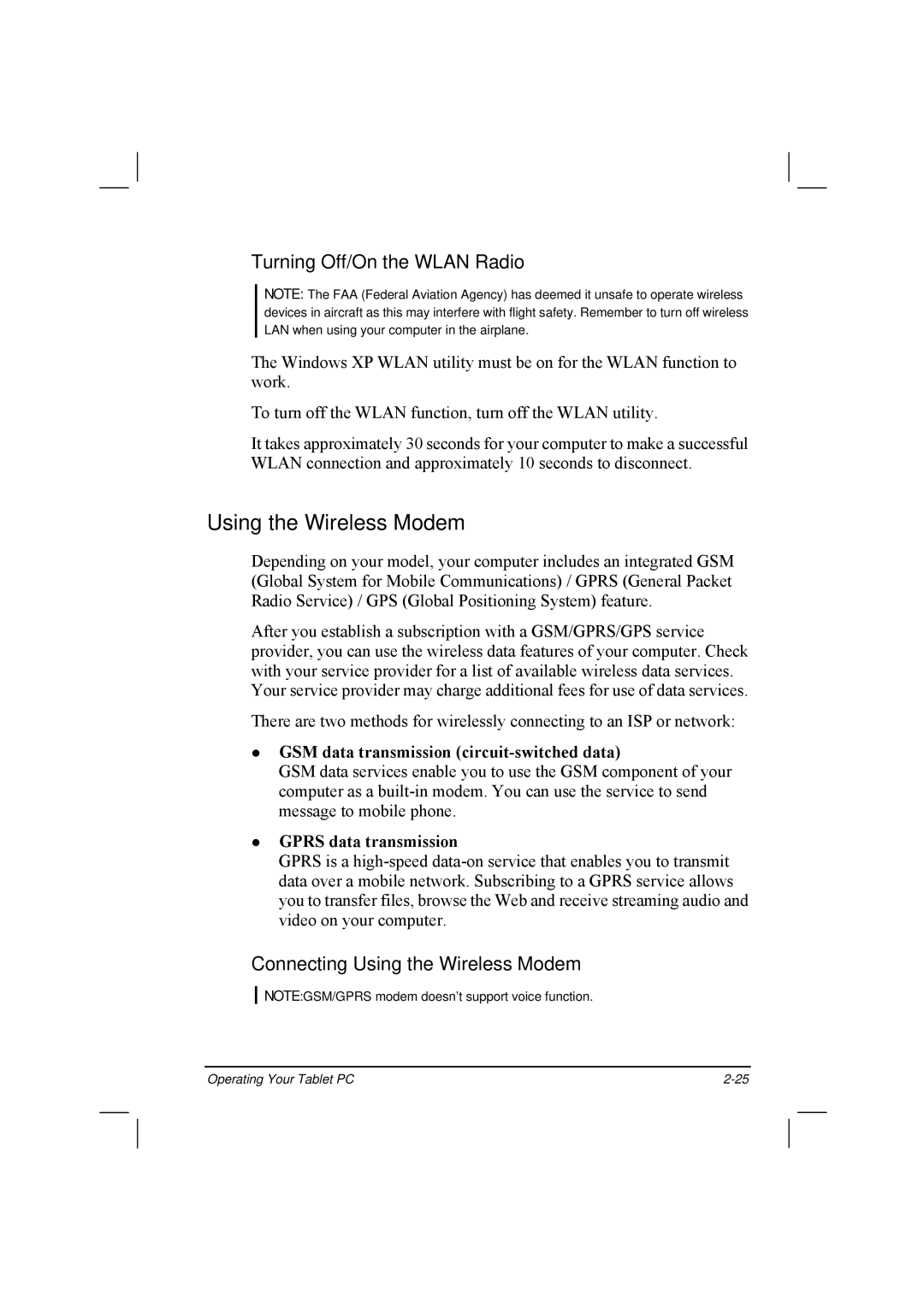 TAG 20 Series manual Turning Off/On the Wlan Radio, Connecting Using the Wireless Modem, Gprs data transmission 