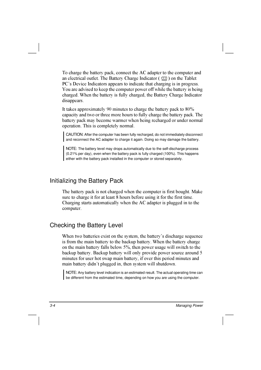 TAG 20 Series manual Initializing the Battery Pack, Checking the Battery Level 