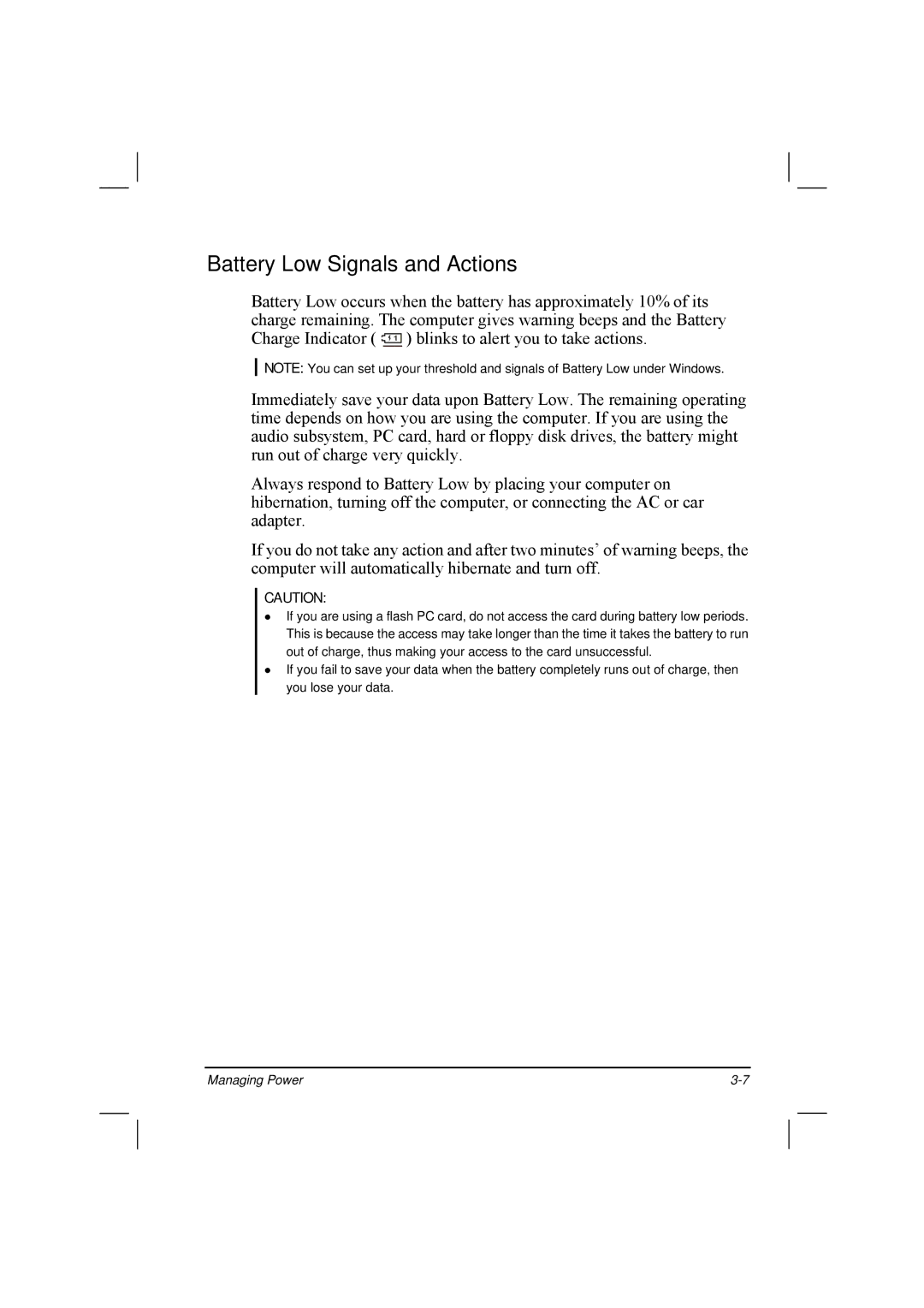 TAG 20 Series manual Battery Low Signals and Actions 