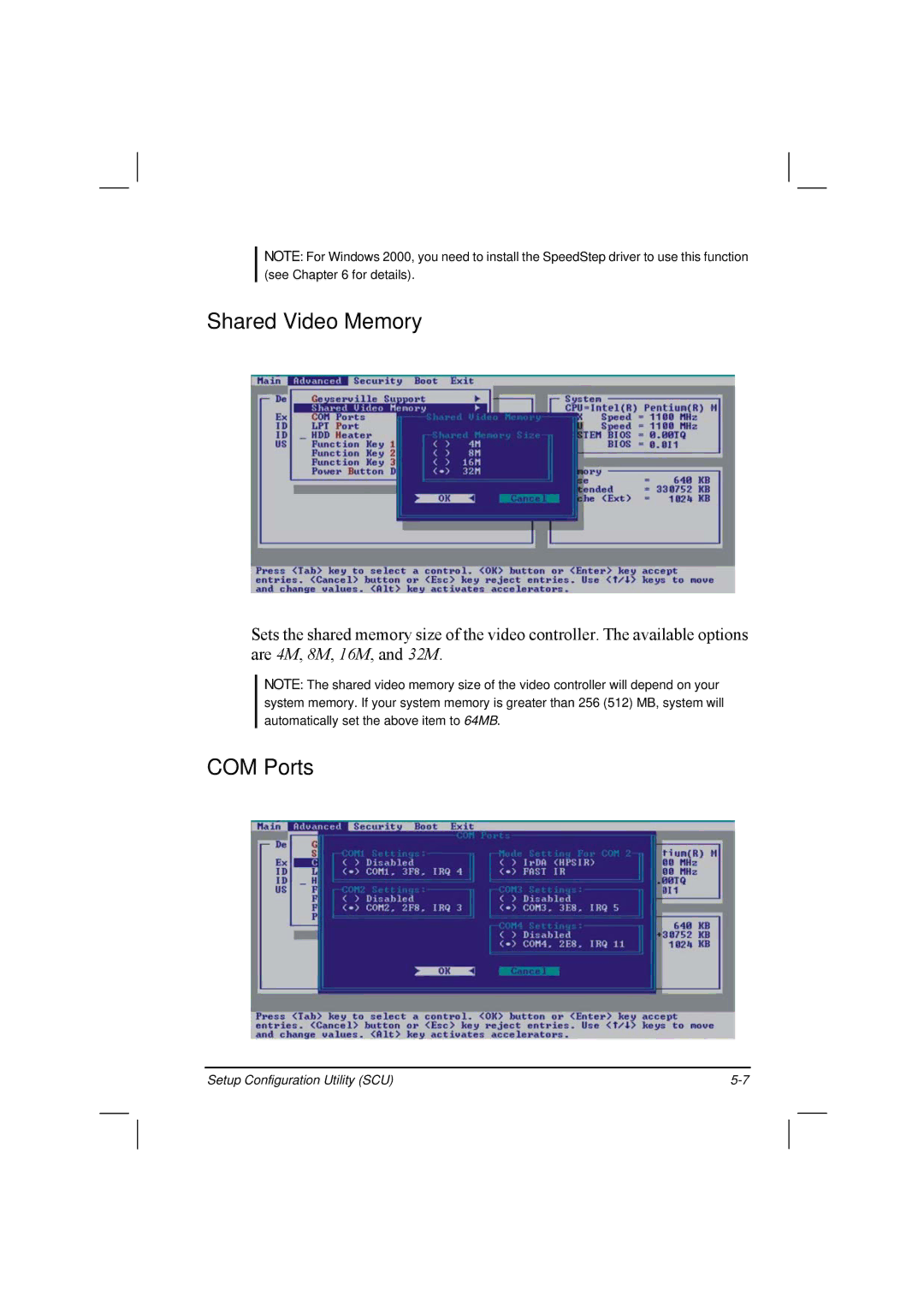 TAG 20 Series manual Shared Video Memory, COM Ports 