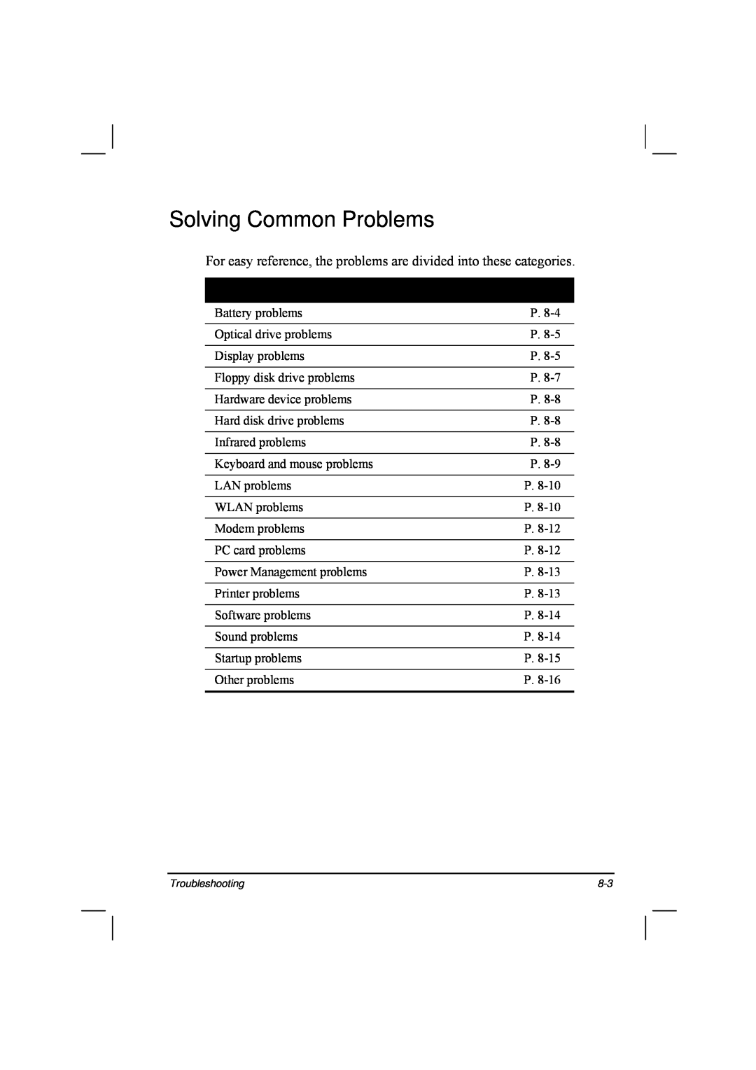 TAG 20 Series Solving Common Problems, For easy reference, the problems are divided into these categories, Problem Type 