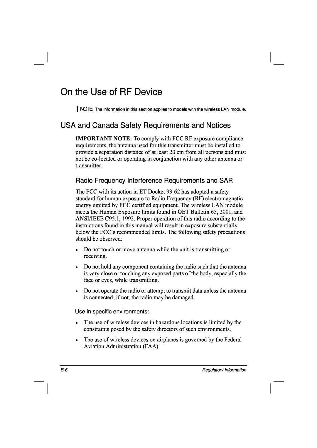 TAG 20 Series manual Use in specific environments, On the Use of RF Device, USA and Canada Safety Requirements and Notices 