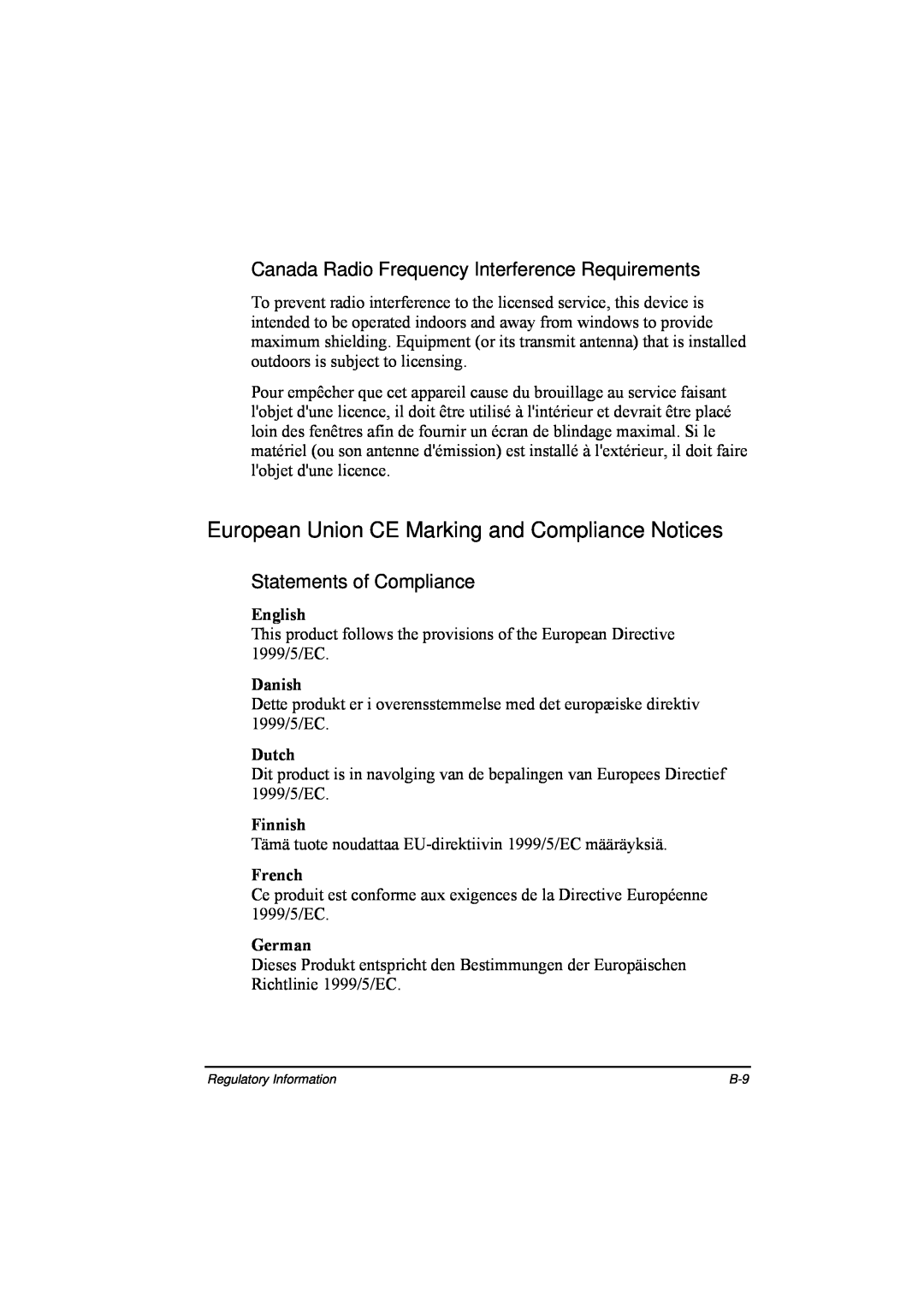TAG 20 Series European Union CE Marking and Compliance Notices, Canada Radio Frequency Interference Requirements, English 