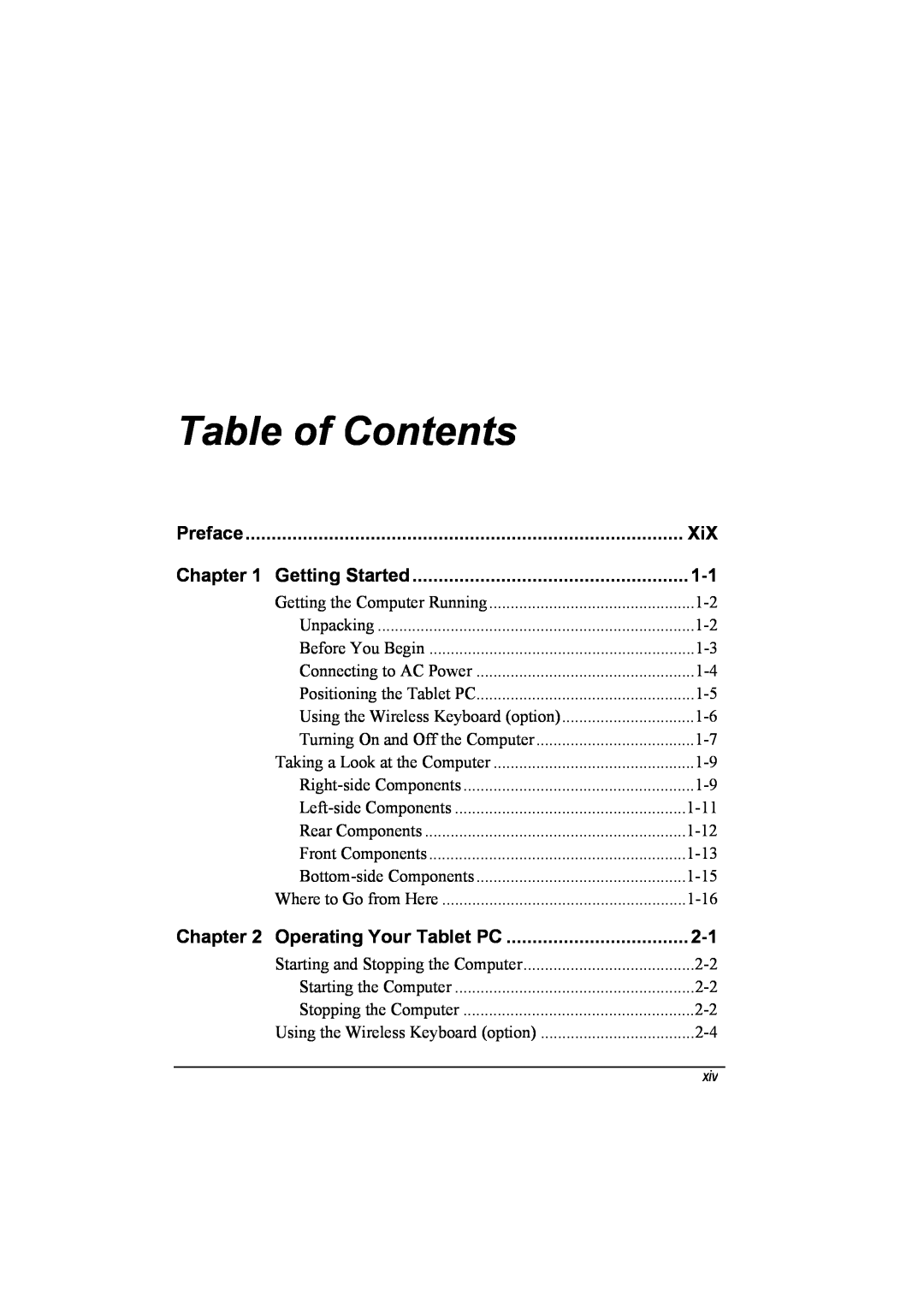 TAG 20 Series manual Table of Contents, Preface, Getting Started, Operating Your Tablet PC 