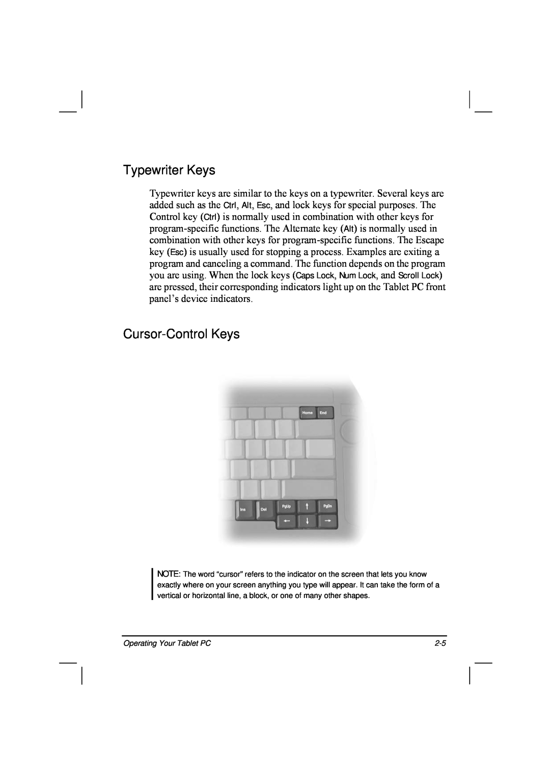 TAG 20 Series manual Typewriter Keys, Cursor-Control Keys 