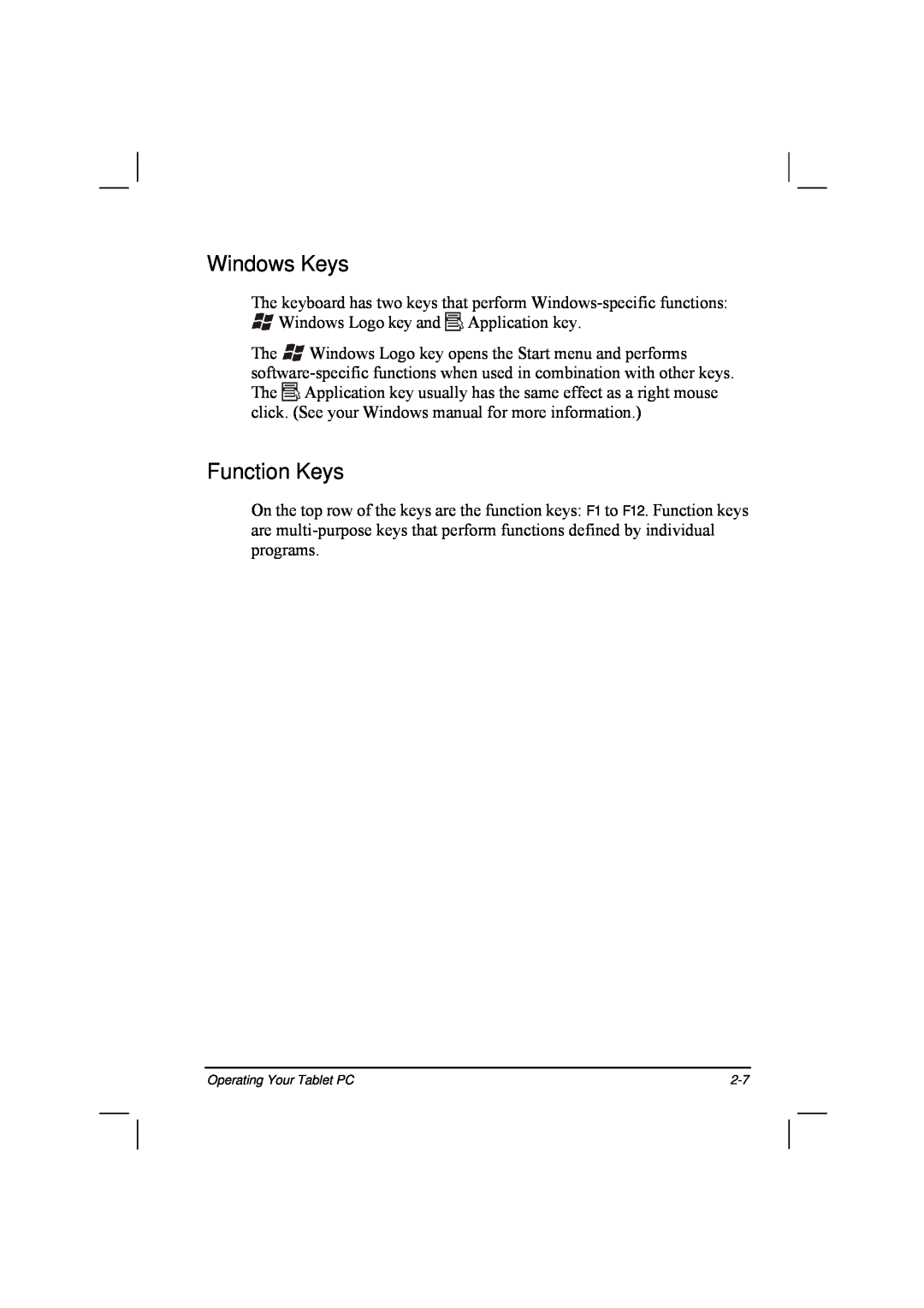 TAG 20 Series manual Windows Keys, Function Keys 