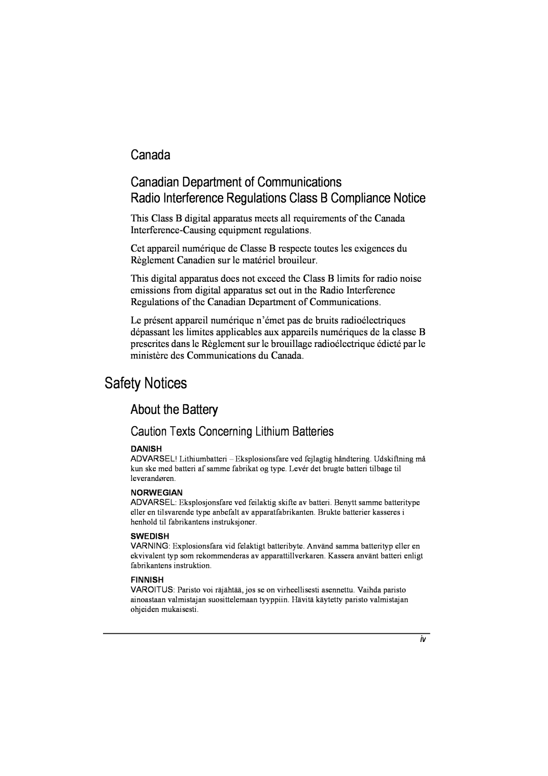 TAG 20 Series manual Safety Notices, Canada Canadian Department of Communications, About the Battery 