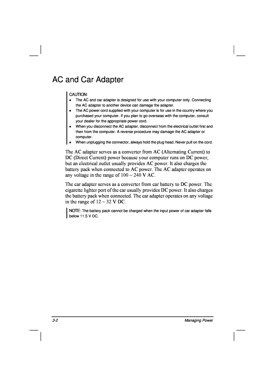 TAG 20 Series manual AC and Car Adapter, Managing Power 