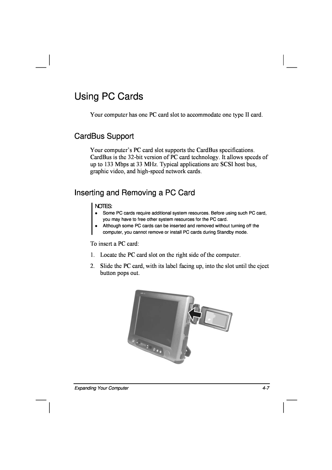 TAG 20 Series manual Using PC Cards, CardBus Support, Inserting and Removing a PC Card 