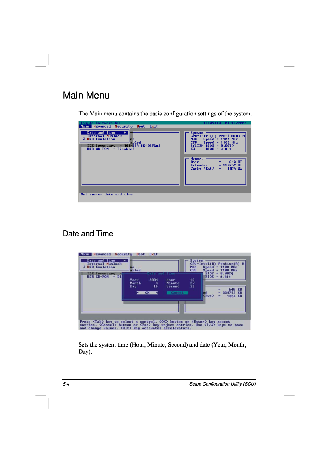 TAG 20 Series manual Main Menu, Date and Time, Setup Configuration Utility SCU 