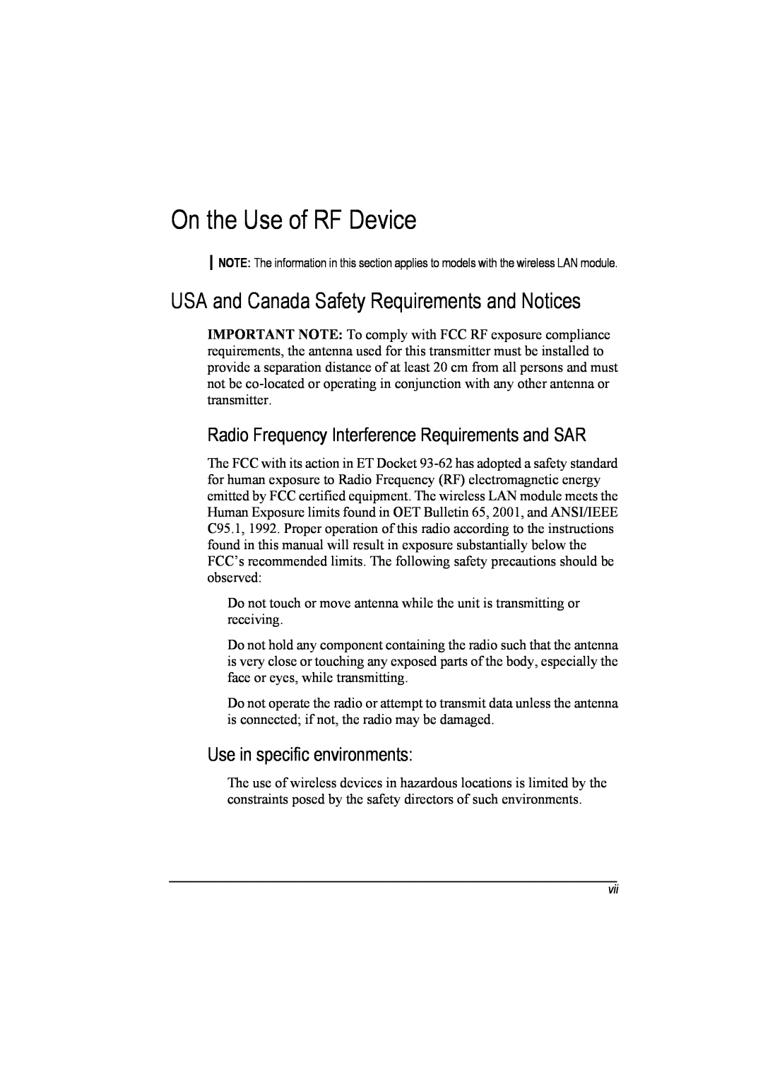 TAG 20 Series manual On the Use of RF Device, USA and Canada Safety Requirements and Notices, Use in specific environments 