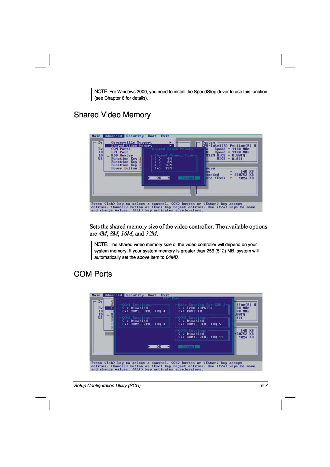TAG 20 Series manual Shared Video Memory, COM Ports, Setup Configuration Utility SCU 