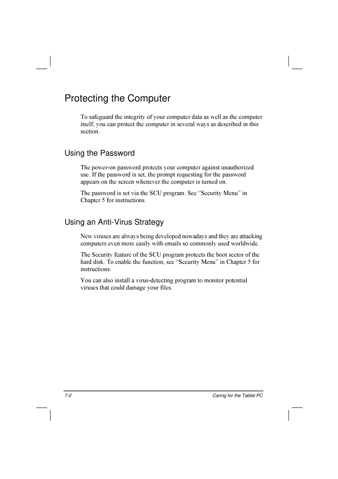 TAG 20 manual Protecting the Computer, Using the Password, Using an Anti-Virus Strategy 