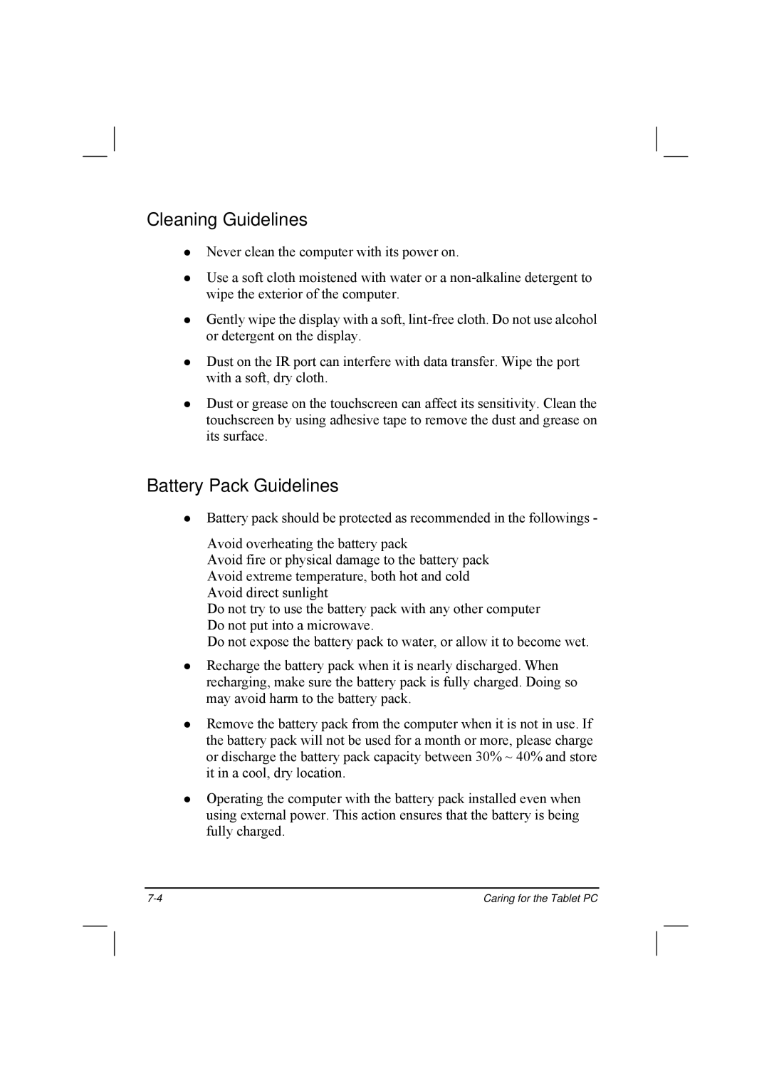 TAG 20 manual Cleaning Guidelines, Battery Pack Guidelines 